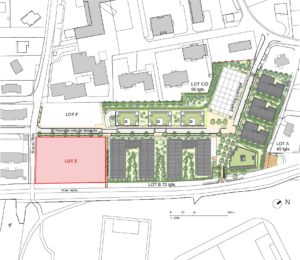 Appel à Projet Thoiry - rue du Breu (01). Plan masse d’aménagement du quartier, identification du lot E en accession libre (source : TECTONIQUES)