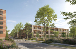 Appel à Projet Thoiry - rue du Breu (01). Perspective – Vue du bâtiment B Dynacité depuis la nouvelle voie de desserte – (source : TECTONIQUES)